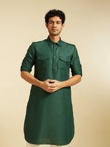 Men's Festive Bottle Green Pathani Style Kurta with Cuffed Sleeves