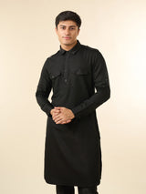 Men's Festive Black Blended Cotton Pathani Kurta