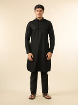 Men's Festive Black Blended Cotton Pathani Kurta