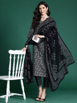 Women's Black Printed Straight Kurta Trouser with Dupatta set