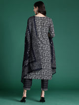 Women's Black Printed Straight Kurta Trouser with Dupatta set