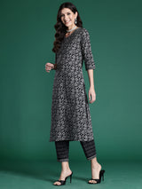 Women's Black Printed Straight Kurta Trouser with Dupatta set