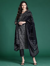 Women's Black Printed Straight Kurta Trouser with Dupatta set