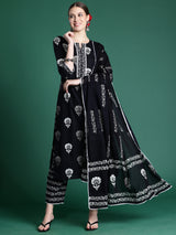 Women's Black Printed Straight Kurta Trouser with Dupatta Set