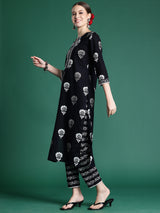 Women's Black Printed Straight Kurta Trouser with Dupatta Set