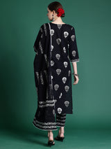 Women's Black Printed Straight Kurta Trouser with Dupatta Set