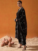 Women's Black Embroidered A-Line Kurta Trouser with Dupatta Set