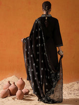 Women's Black Embroidered A-Line Kurta Trouser with Dupatta Set