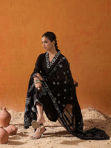 Women's Black Embroidered A-Line Kurta Trouser with Dupatta Set