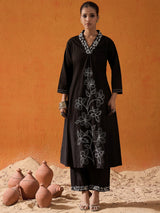 Women's Black Embroidered A-Line Kurta Trouser with Dupatta Set