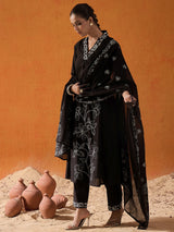 Women's Black Embroidered A-Line Kurta Trouser with Dupatta Set