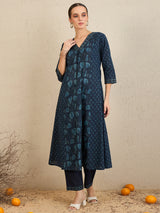 Women's Blue Printed A-Line Kurta Trouser with Dupatta Set