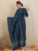 Women's Blue Printed A-Line Kurta Trouser with Dupatta Set