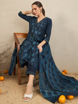 Women's Blue Printed A-Line Kurta Trouser with Dupatta Set