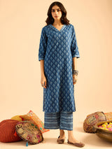 Women's Blue Printed Straight Kurta Palazzos with Dupatta Set