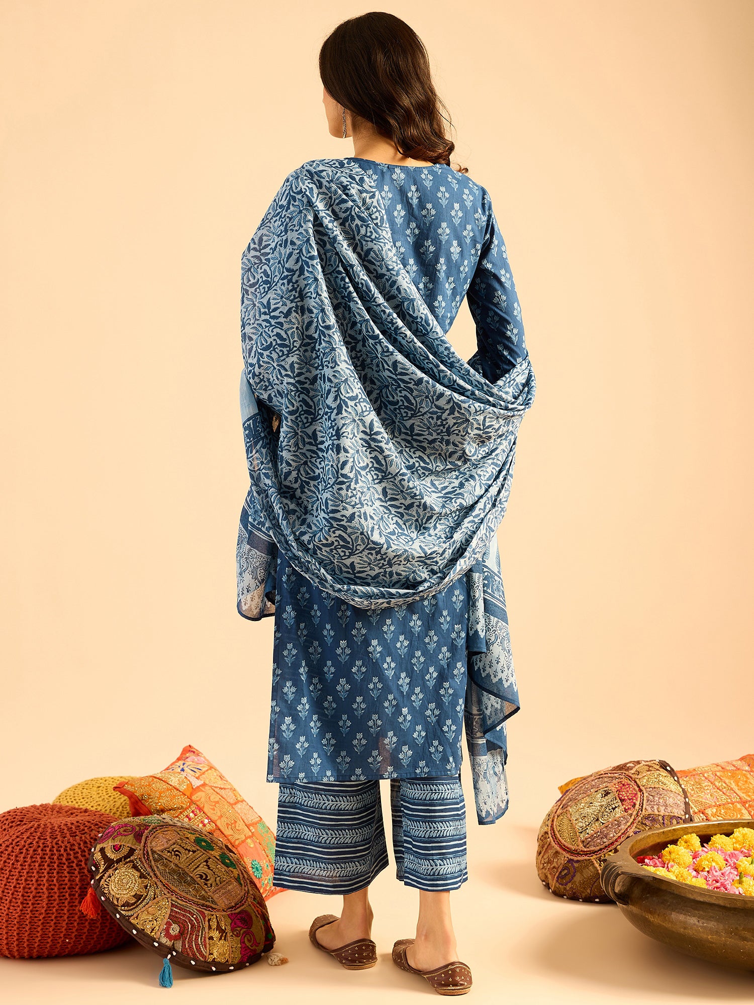 Women's Blue Printed Straight Kurta Palazzos with Dupatta Set