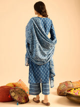 Women's Blue Printed Straight Kurta Palazzos with Dupatta Set