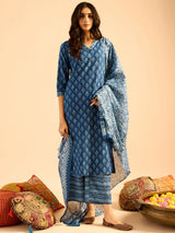 Women's Blue Printed Straight Kurta Palazzos with Dupatta Set