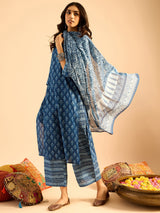 Women's Blue Printed Straight Kurta Palazzos with Dupatta Set