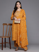 Women's Yellow Printed Straight Kurta Trouser with Dupatta Set
