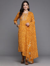 Women's Yellow Printed Straight Kurta Trouser with Dupatta Set