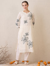 Women's White Embroidered Straight Kurta Trouser with Dupatta Set
