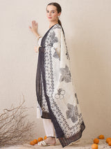 Women's White Embroidered Straight Kurta Trouser with Dupatta Set