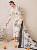 Women's White Embroidered Straight Kurta Trouser with Dupatta Set