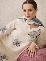 Women's White Embroidered Straight Kurta Trouser with Dupatta Set