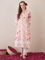 Women's Pink Embroidered Straight Kurta Trouser with Dupatta Set