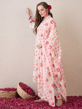 Women's Pink Embroidered Straight Kurta Trouser with Dupatta Set