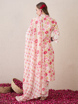 Women's Pink Embroidered Straight Kurta Trouser with Dupatta Set