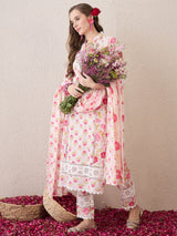 Women's Pink Embroidered Straight Kurta Trouser with Dupatta Set