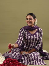 Women's Purple Printed Straight Kurta Trouser with Dupatta set