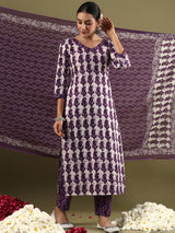 Women's Purple Printed Straight Kurta Trouser with Dupatta set
