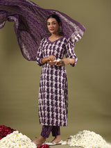 Women's Purple Printed Straight Kurta Trouser with Dupatta set