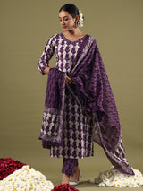 Women's Purple Printed Straight Kurta Trouser with Dupatta set