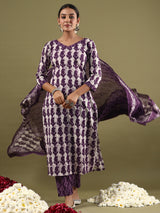 Women's Purple Printed Straight Kurta Trouser with Dupatta set