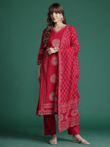 Women's Red Printed Straight Kurta Trouser with Dupatta Set