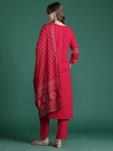 Women's Red Printed Straight Kurta Trouser with Dupatta Set