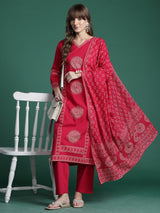 Women's Red Printed Straight Kurta Trouser with Dupatta Set