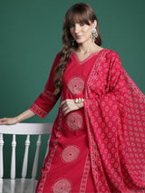 Women's Red Printed Straight Kurta Trouser with Dupatta Set