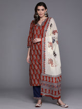 Women's Red Printed Straight Kurta Trouser with Dupatta Set