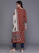 Women's Red Printed Straight Kurta Trouser with Dupatta Set