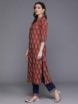 Women's Red Printed Straight Kurta Trouser with Dupatta Set