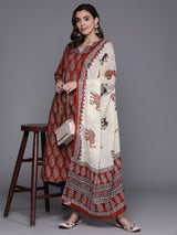 Women's Red Printed Straight Kurta Trouser with Dupatta Set
