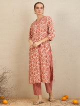 Women's Rust Printed Straight Kurta Trouser with Dupatta Set