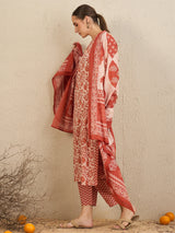 Women's Rust Printed Straight Kurta Trouser with Dupatta Set