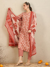 Women's Rust Printed Straight Kurta Trouser with Dupatta Set