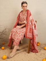 Women's Rust Printed Straight Kurta Trouser with Dupatta Set